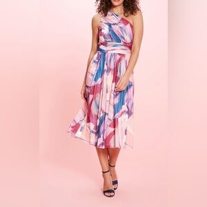 New London Times Ruched One Shoulder Mesh Midi Dress Pink Sz 14